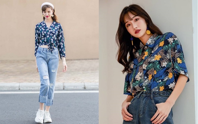 Áo sơ mi hoa và quần jeans