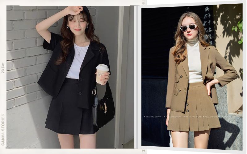 Chân váy ngắn và áo blazer cùng tone