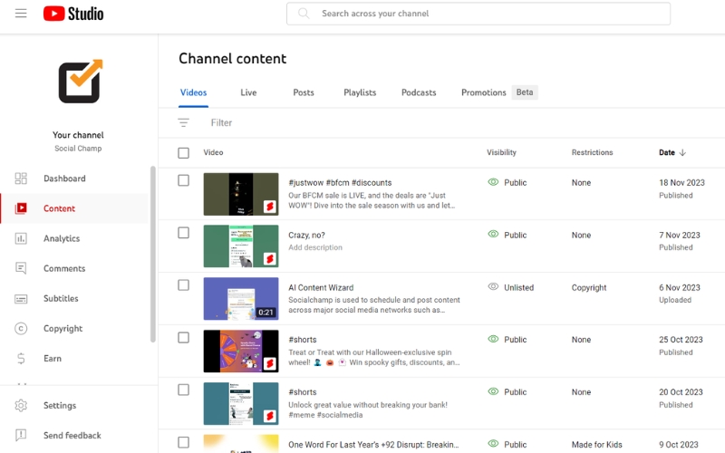 tính năng content của youtube studio