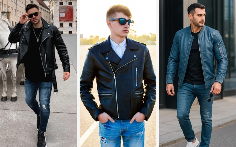 Mix áo khoác da với áo cùng áo thun và quần jean