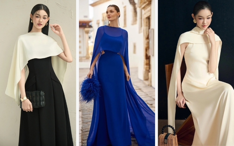 Outfit dự tiệc với váy kèm áo choàng