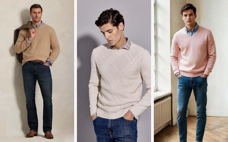 Phối đồ đi sự kiện cùng áo len mix sơ mi và quần jean