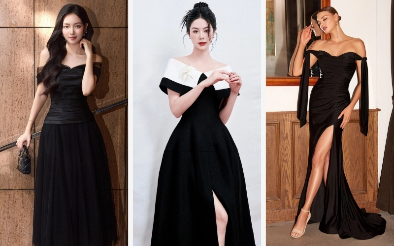 Phối đồ đi tiệc với đầm trễ vai đen